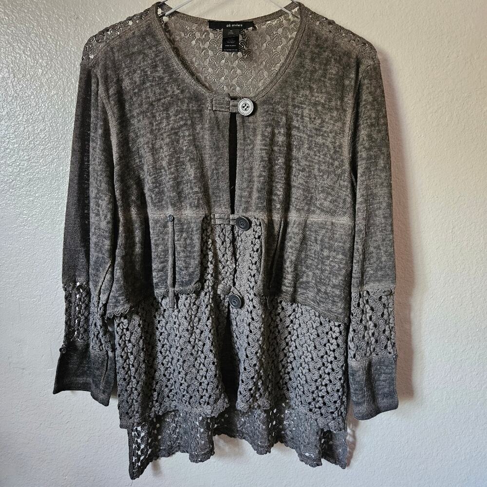 Gray Button-Up Cardigan with Lace Details
